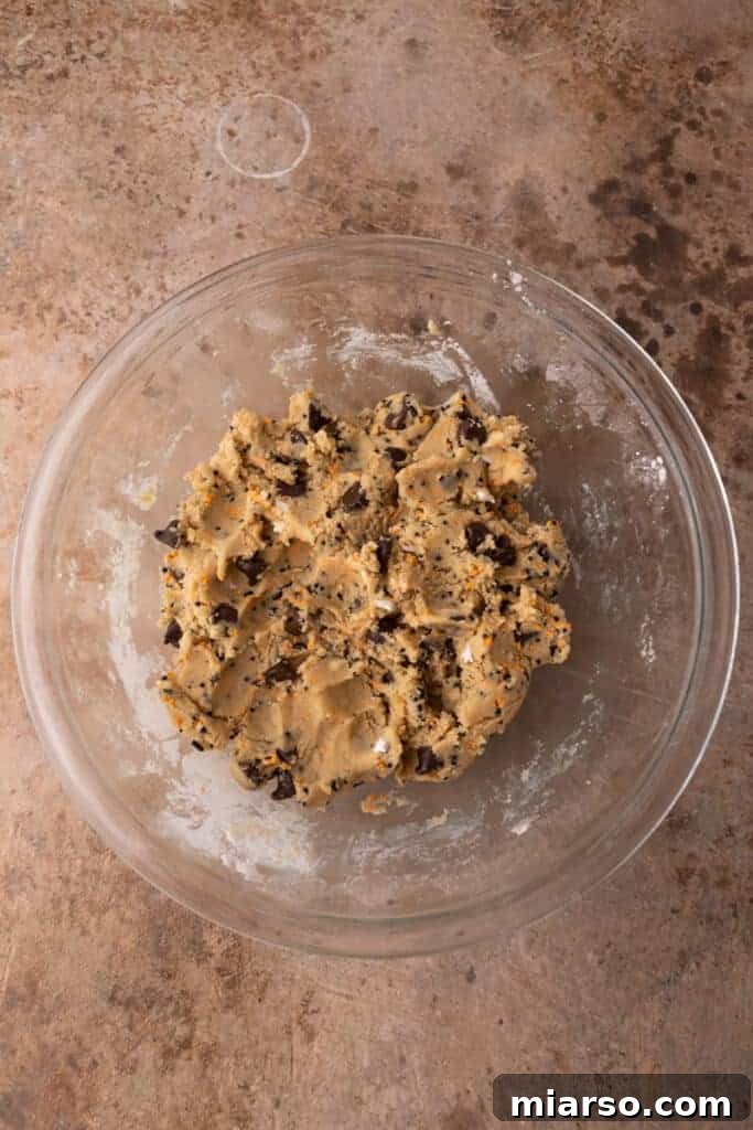 chocolate chips mixed into the batter in the bowl