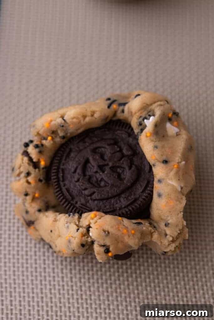 flattened cookie batter with an Oreo in the middle