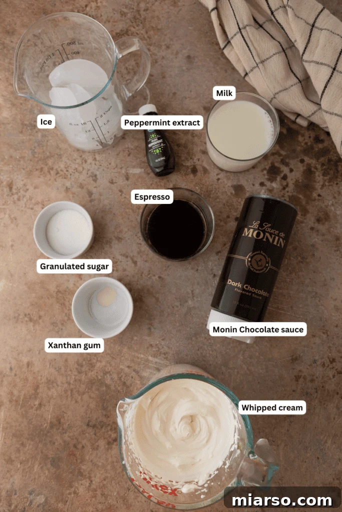 All the essential ingredients for a homemade Peppermint Mocha Frappuccino laid out on a kitchen counter.