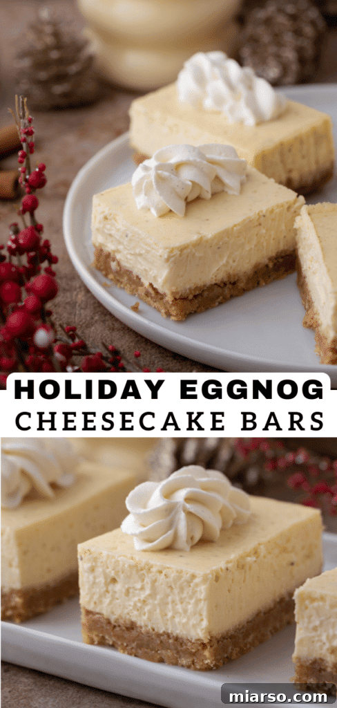A festive image of Eggnog Cheesecake Bars for holiday inspiration