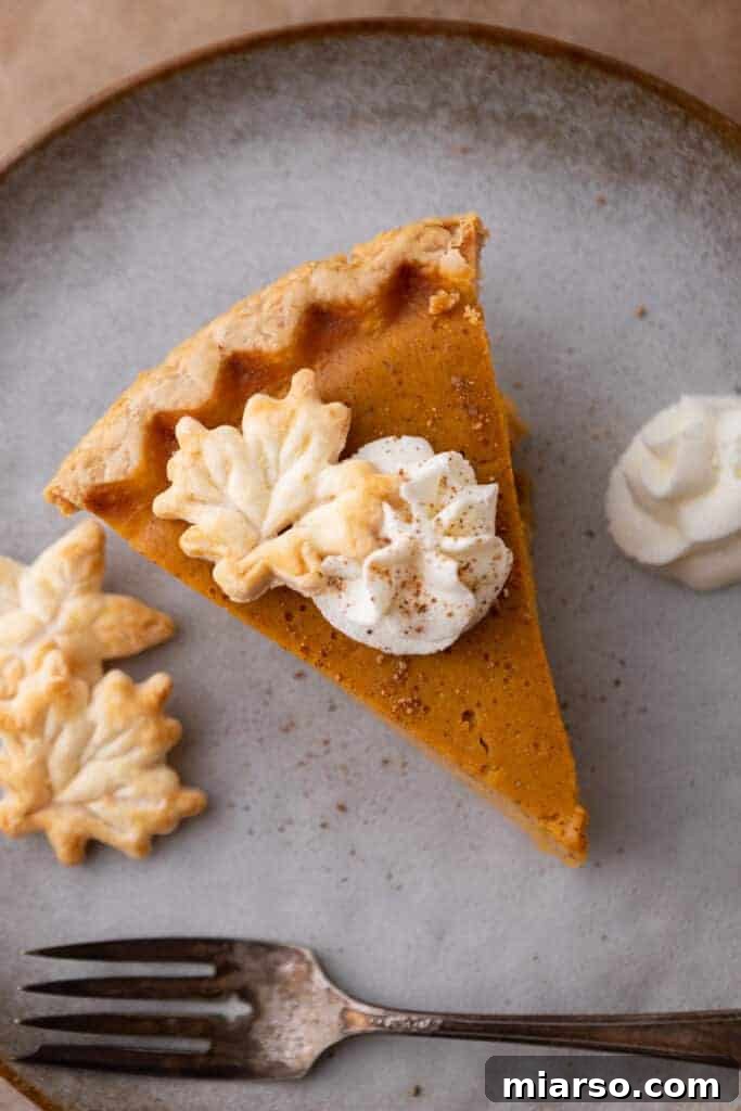 Double the Delight: The Ultimate 9-Inch Pumpkin Pie Recipe 2 A perfectly sliced pumpkin pie on a white plate, garnished with whipped cream, ready to be enjoyed.