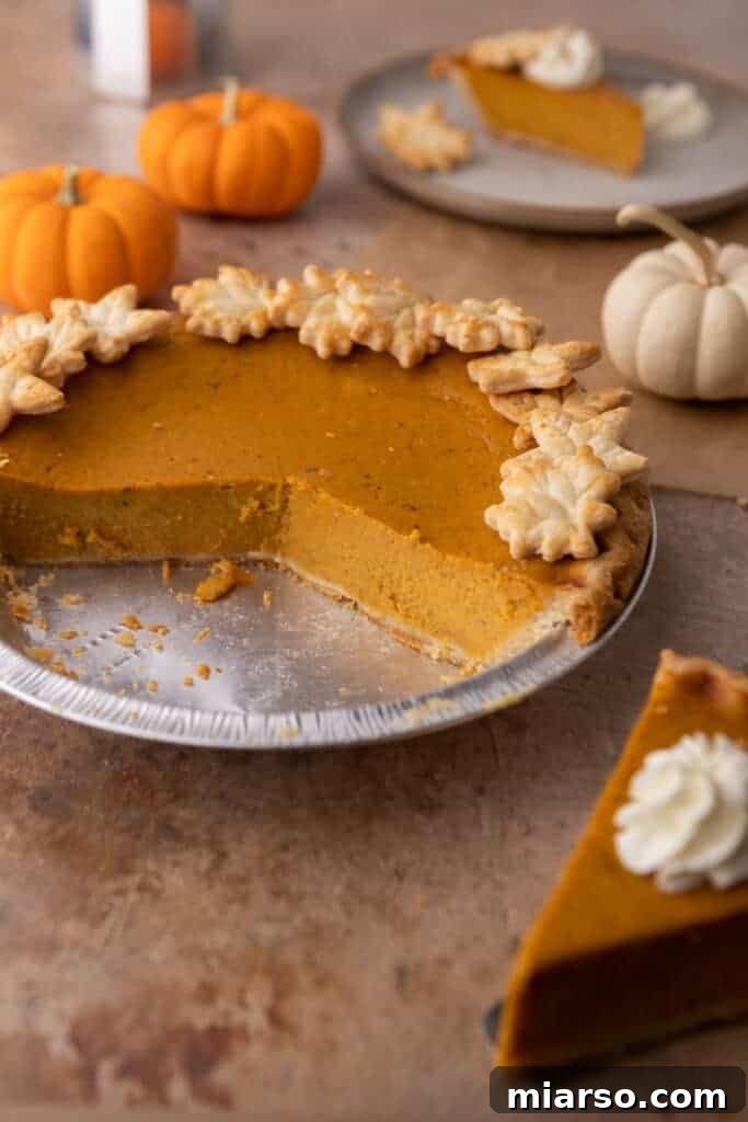 Double the Delight: The Ultimate 9-Inch Pumpkin Pie Recipe 4 A close-up shot of a perfect slice of pumpkin pie, held gently by a spatula, with its golden crust and creamy filling visible.