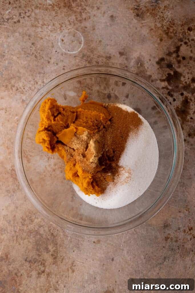 Double the Delight: The Ultimate 9-Inch Pumpkin Pie Recipe 6 A mixing bowl holding the initial ingredients for pumpkin pie filling: pumpkin puree, sugar, and spices, before mixing.