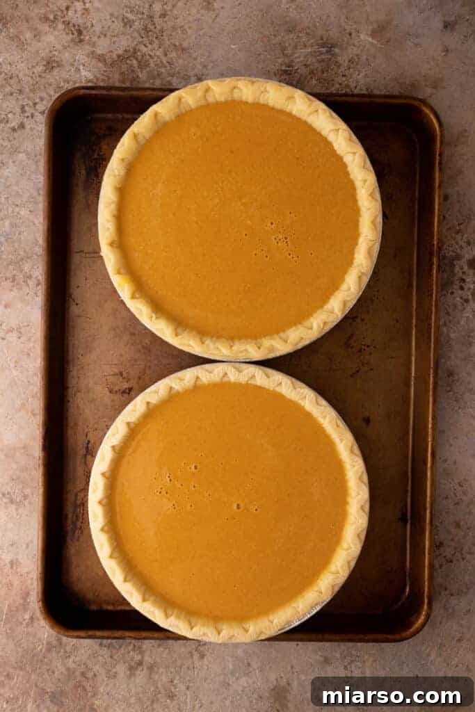 Double the Delight: The Ultimate 9-Inch Pumpkin Pie Recipe 10 Two unbaked pie shells meticulously filled with the rich, orange pumpkin pie mixture, ready for the oven.