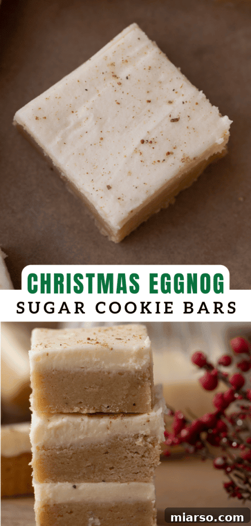A close-up shot of an eggnog cookie bar with sprinkles of nutmeg