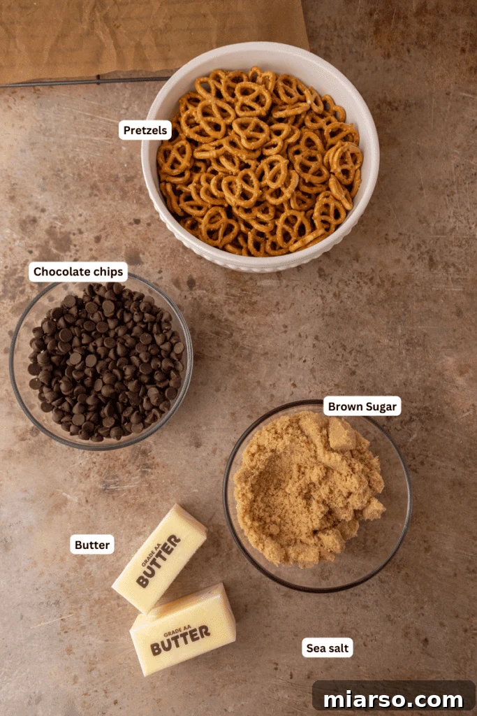 All the essential ingredients for making Chocolate Caramel Pretzel Crack laid out: small pretzels, rich chocolate chips, golden brown sugar, and creamy butter.
