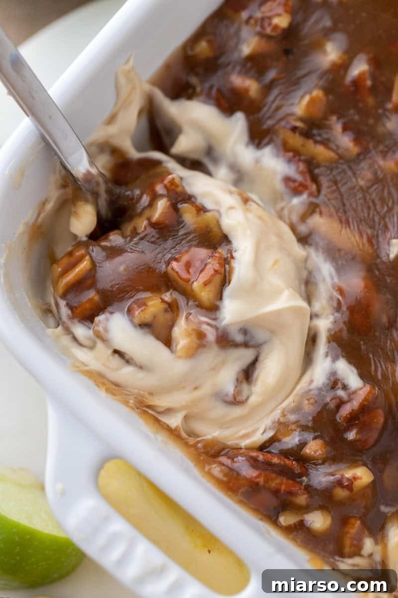 pecan pie dip recipe being scooped