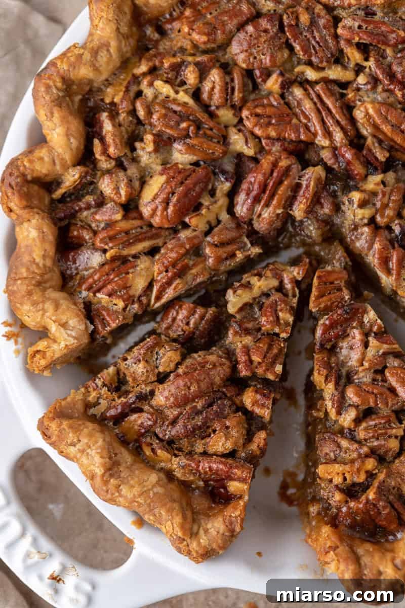 overhead view of the traditional pecan pie recipe in a dish