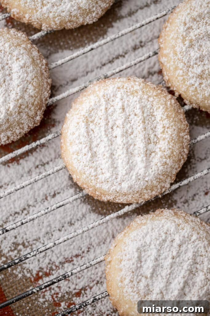 fully baked and dusted melting moments cookies sitting on a wire rack