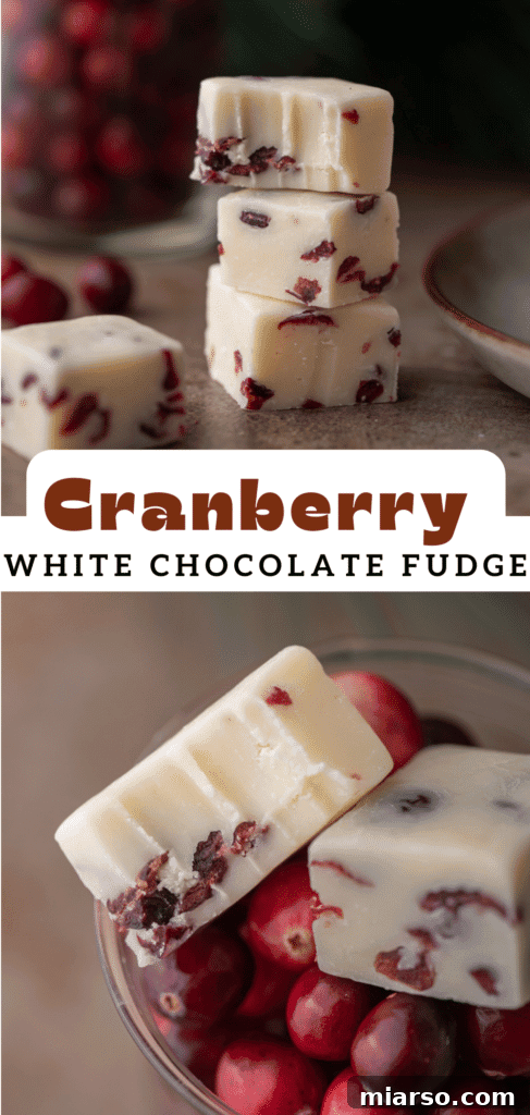Pinterest pin featuring white chocolate cranberry fudge as a holiday treat.