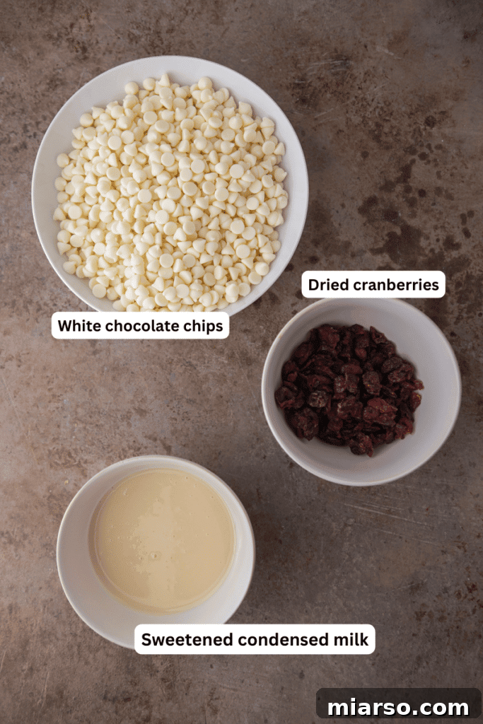 Key ingredients for the Cranberry White Chocolate Fudge recipe laid out on a clean surface.