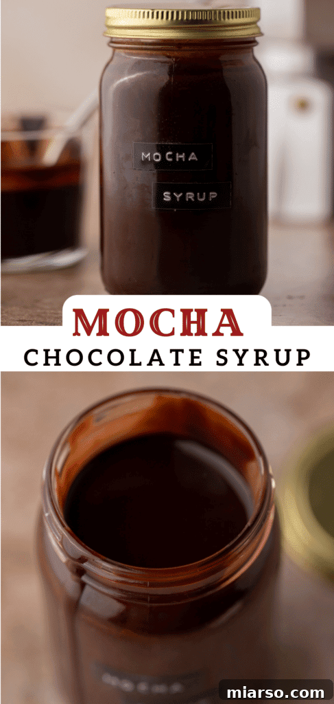 Ultimate Homemade Mocha Coffee Syrup 13 A Pinterest collage featuring the easy recipe steps and beautiful results of the homemade mocha coffee syrup.