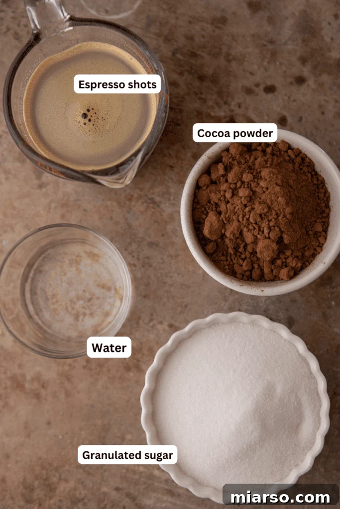 Ultimate Homemade Mocha Coffee Syrup 3 A collection of essential ingredients for making mocha coffee syrup, including coffee, cocoa powder, sugar, and vanilla extract.