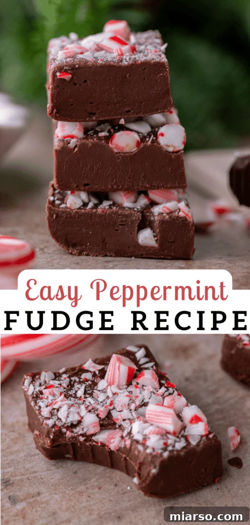 Pinterest pin for an easy peppermint fudge recipe, featuring a beautiful close-up.