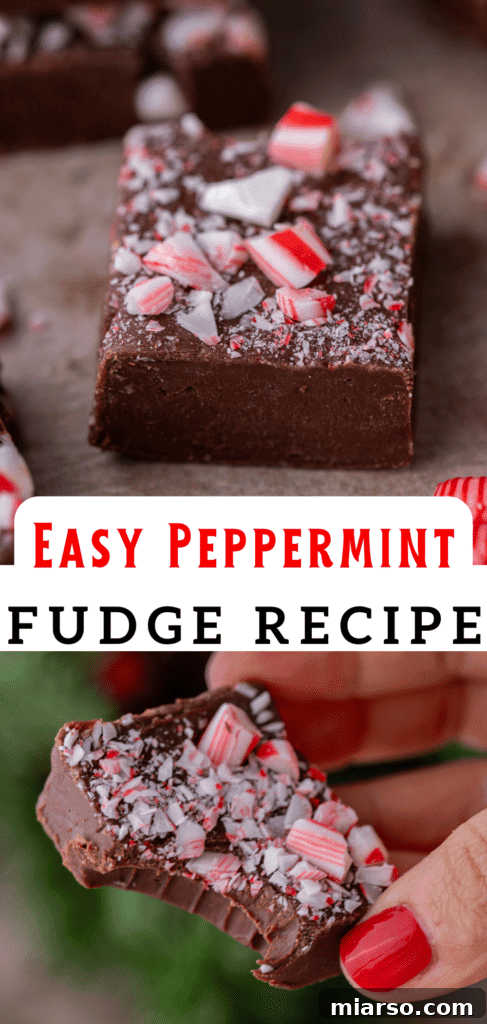 Pinterest pin for a quick chocolate peppermint fudge, highlighting its festive appeal.