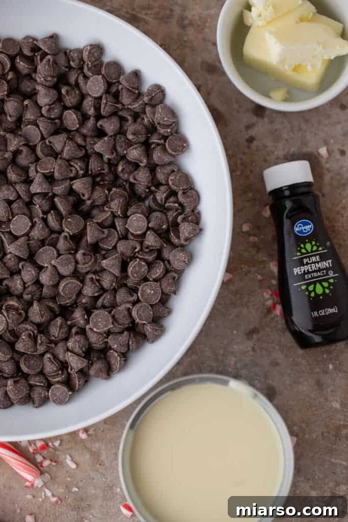 A collection of ingredients for the peppermint fudge recipe, neatly arranged and ready for preparation.
