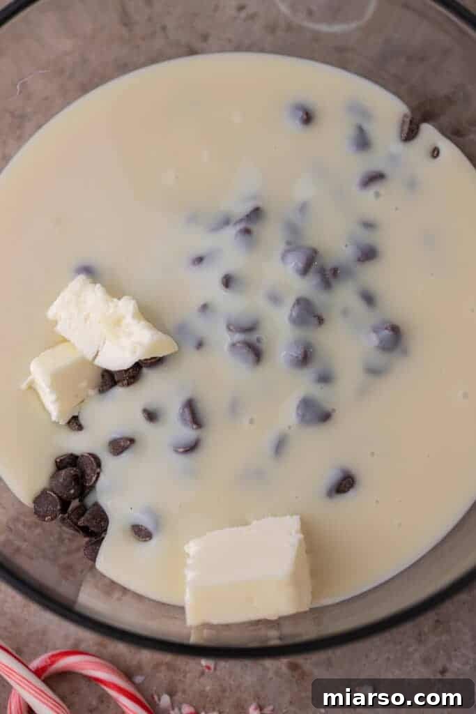 Unmixed ingredients for peppermint fudge together in a bowl, ready for melting.
