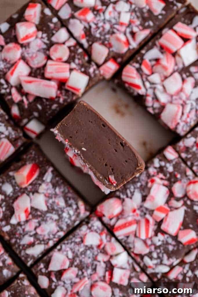 A group of sliced chocolate peppermint fudge squares, with one flipped on its side to show its perfect texture.