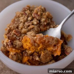 Pecan-Topped Sweet Potato Perfection 16 spoon in a bowl full of sweet potato casserole with pecan topping