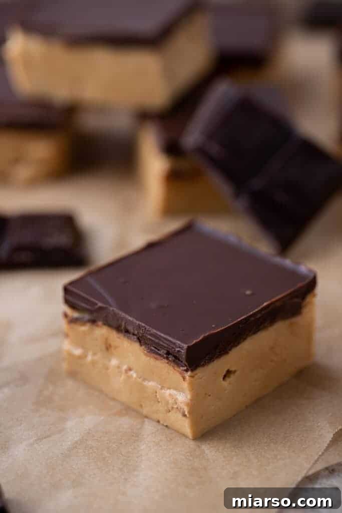 close up of a single square from the buckeye bars recipe