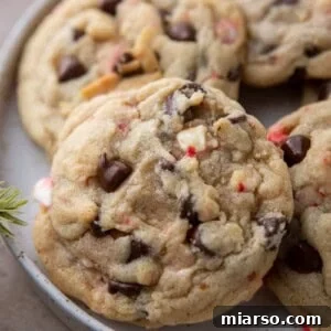 A vibrant close-up of a peppermint chocolate chip cookie, perfectly baked with melty chocolate and visible candy cane pieces, on a plate with others blurred in the background.
