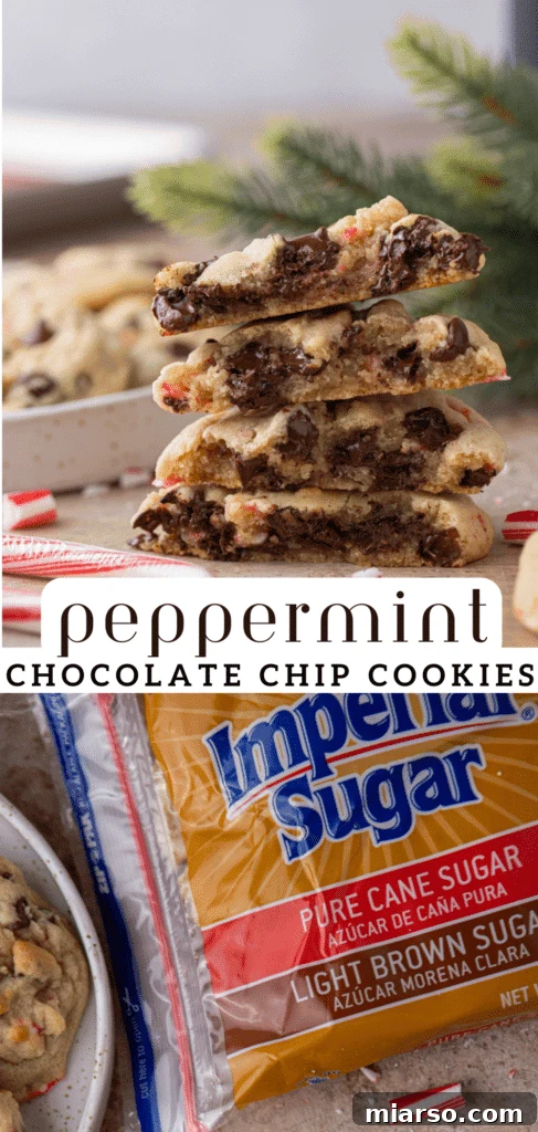A festive Pinterest image featuring a close-up of peppermint chocolate chip cookies, encouraging readers to save the recipe for Christmas.