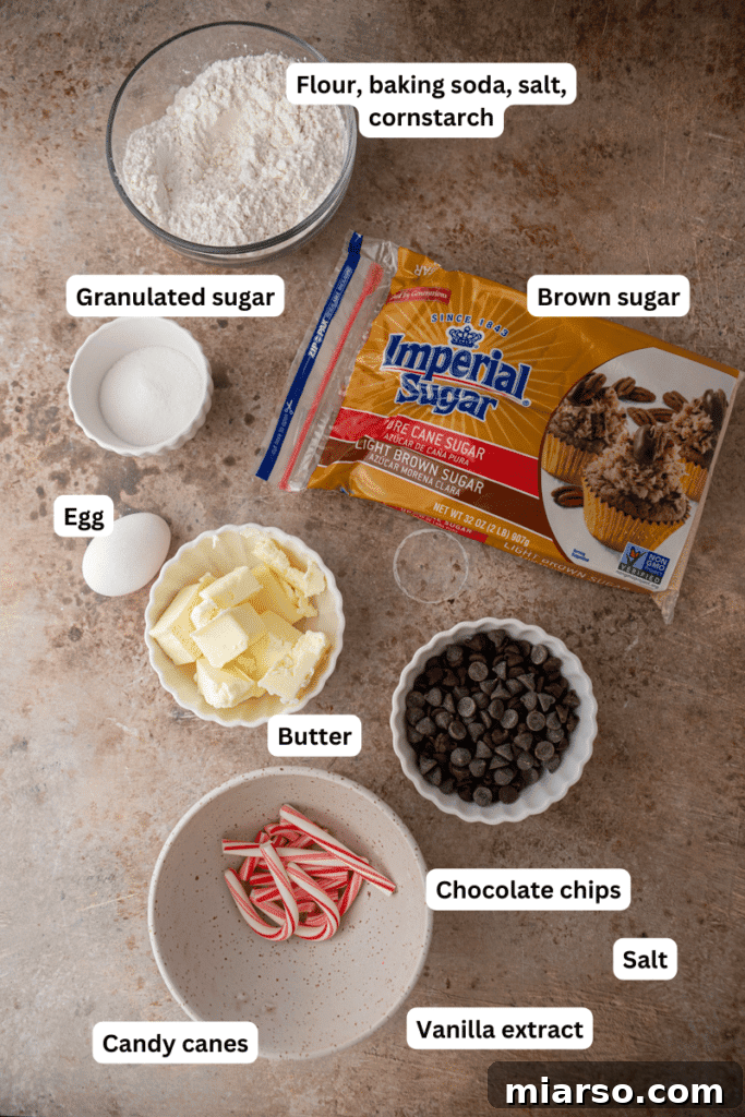 A collection of essential ingredients for making peppermint chocolate chip cookies, neatly arranged on a counter.