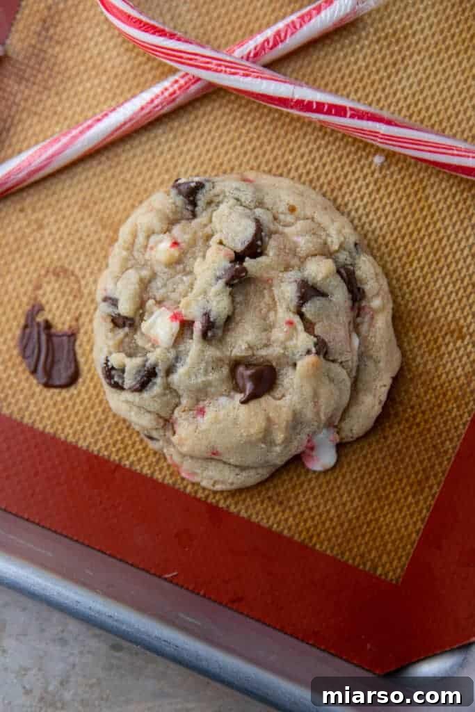 A glorious, fully baked peppermint chocolate chip cookie, still on the baking sheet, showcasing its golden edges and soft center.