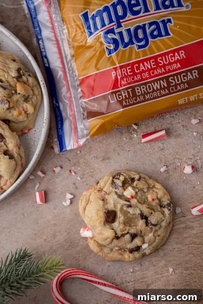 A close-up shot of a single, perfectly baked peppermint chocolate chip cookie, surrounded by its fresh ingredients.