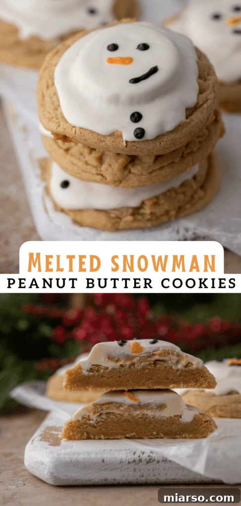Close-up of a festive Peanut butter snowman cookie, highlighting its adorable details and rich flavor.