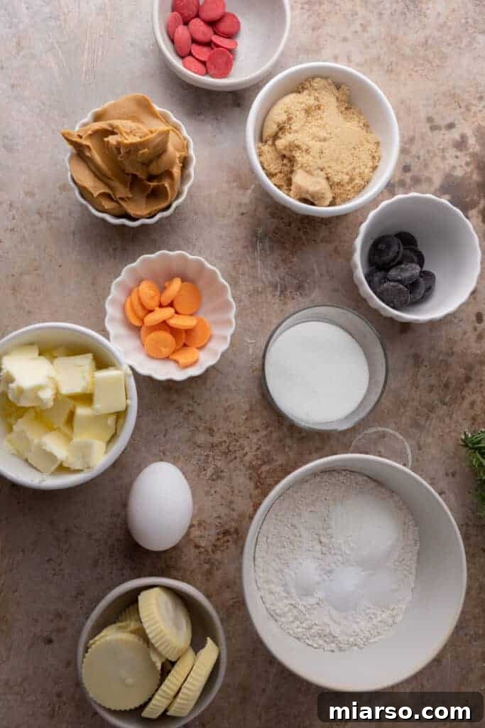 A collection of fresh ingredients for the melted snowman peanut butter cookies recipe, neatly arranged for baking.