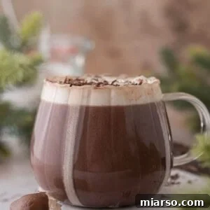 Side shot of a single serving of hot chocolate in a clear glass mug, ready to be enjoyed.