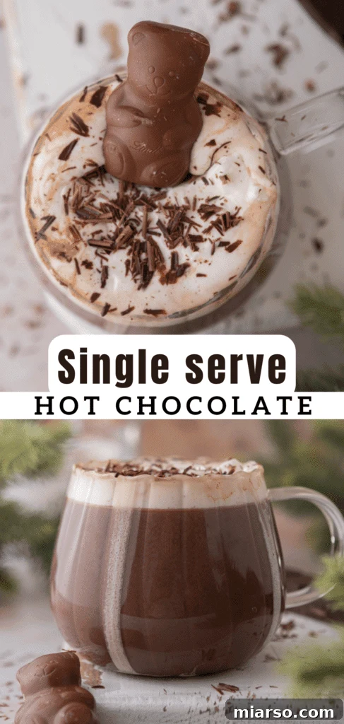 Pinterest pin for hot chocolate for one recipe with a cozy image, inviting users to save it.