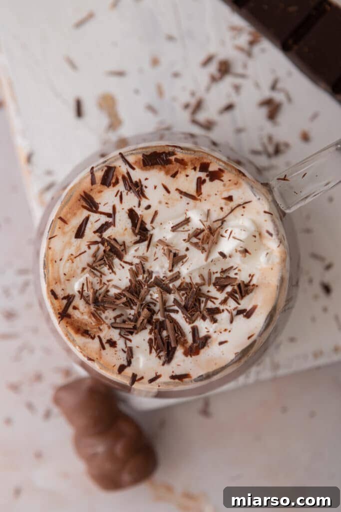 Overhead shot of a single serve hot chocolate in a clear glass mug, garnished with whipped cream and chocolate shavings.