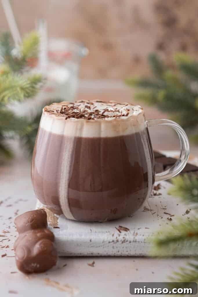 A completed hot chocolate for one topped with a generous swirl of whipped cream in a transparent glass mug.