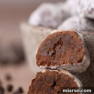 Two chocolate cookies stacked to show their soft interior.
