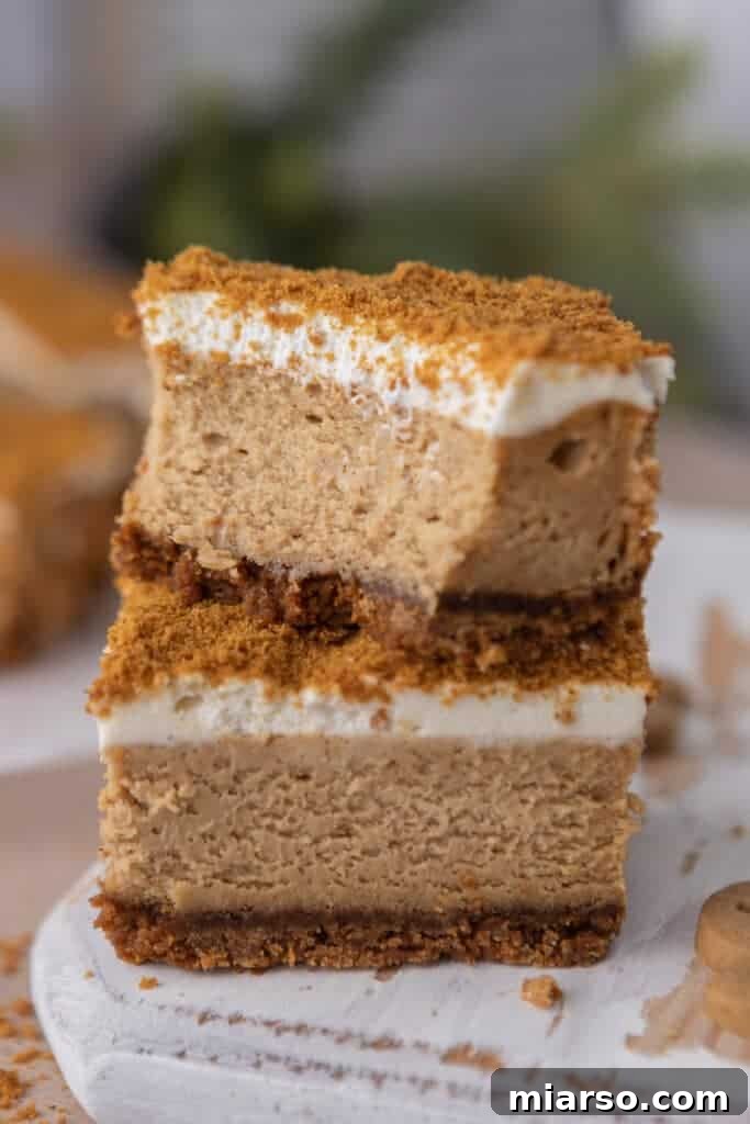 Two stacked gingerbread cheesecake bars on a festive background, showcasing their rich layers and creamy topping.