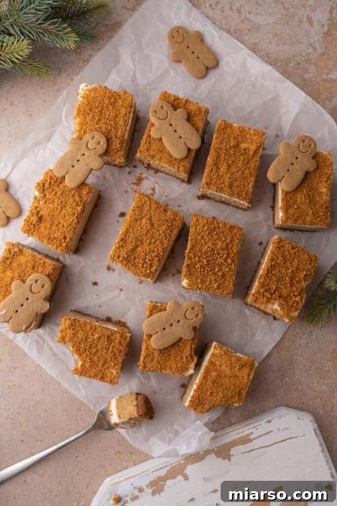 An overhead shot of a pan of gingerbread cheesecake bars, garnished with crushed cookies and ready to be sliced.