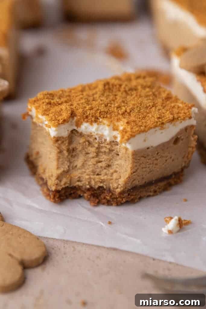 A single gingerbread cheesecake bar with a bite taken out, highlighting the delicious layers.