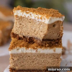 two gingerbread cheesecake bars stacked on top of each other
