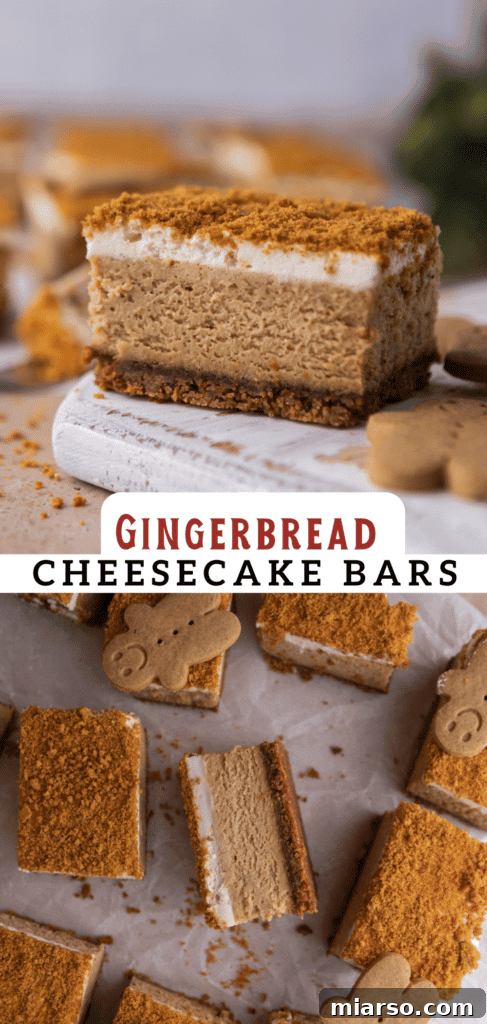 Close-up of a gingerbread cheesecake bar, emphasizing its creamy texture and festive appeal.