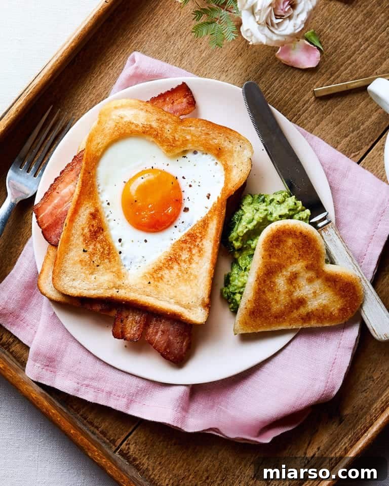 Heart-shaped egg in a hole, a healthy breakfast idea