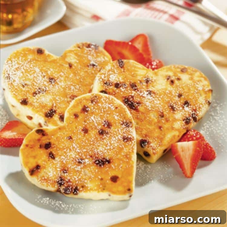 Heart-shaped pancakes with a dollop of whipped cream