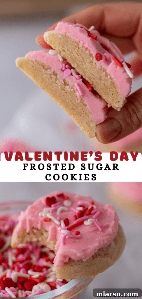 Ultimate Valentine Frosted Sugar Cookies 17 Pinterest pin showing Valentine's Day Sugar Cookies with pink frosting