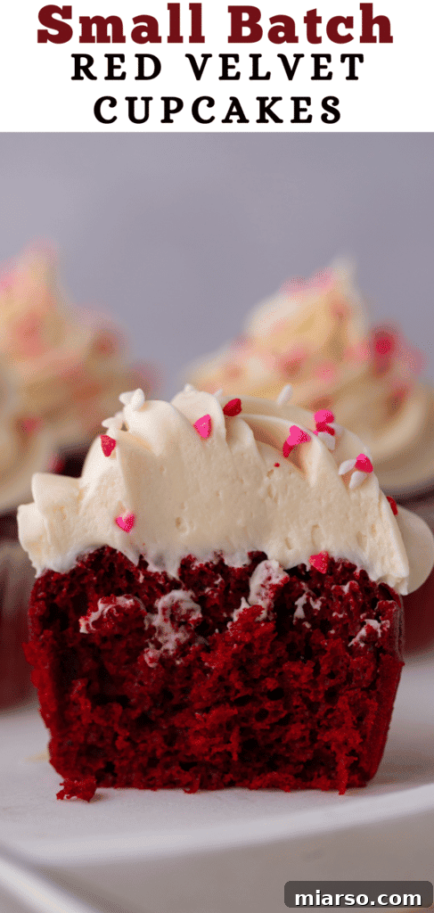 Small Batch red velvet cupcakes, a side view showcasing the frosting.