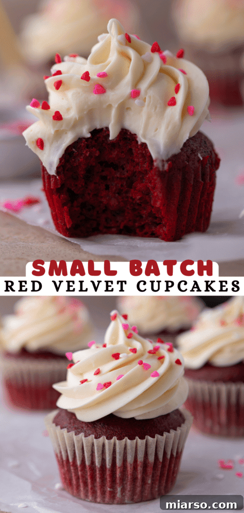 Small Batch red velvet cupcakes, a top-down view of the decorated cupcakes.