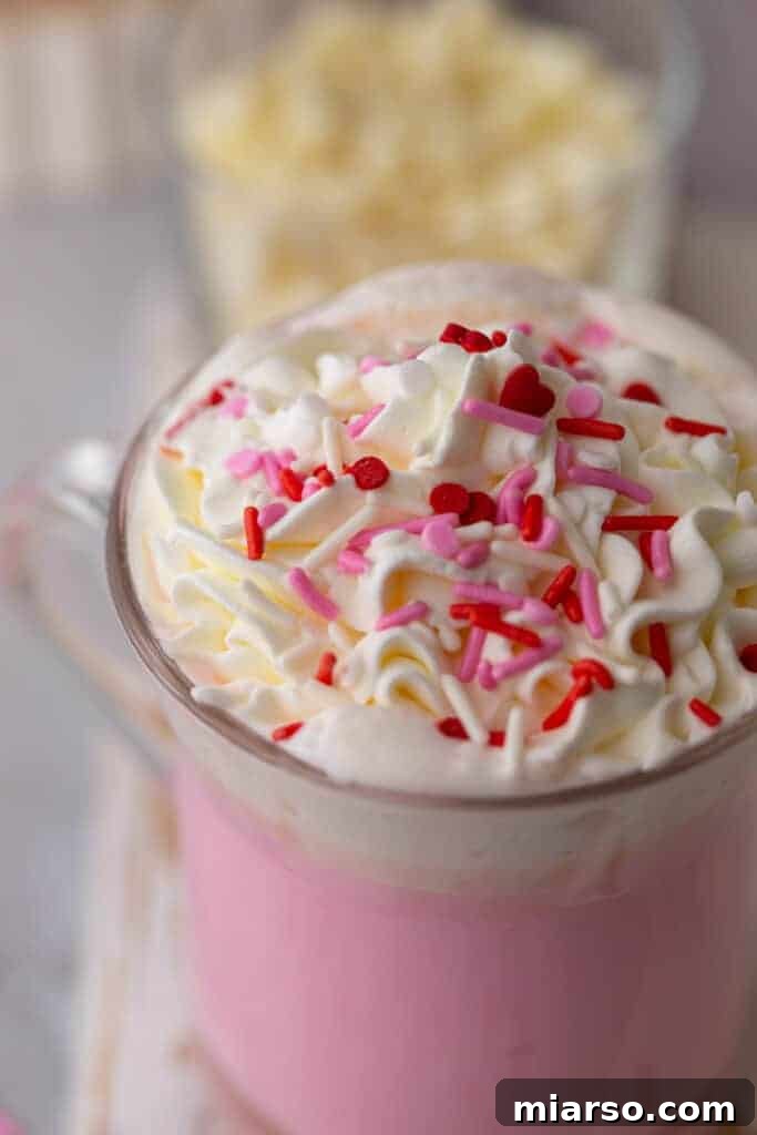 Close up of hot chocolate with Valentine's day sprinkles