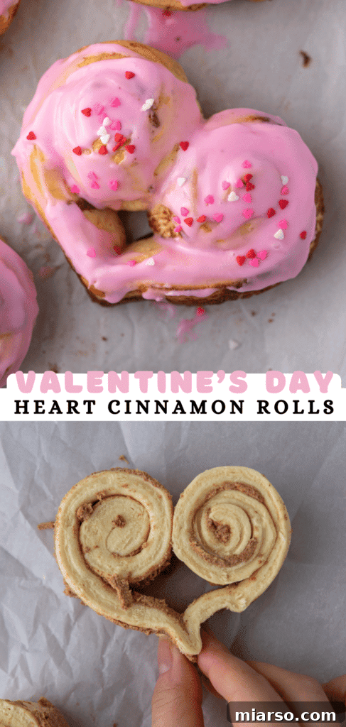 Valentines Sweetheart Cinnamon Buns Made Easy 18 Pinterest pin featuring a stack of heart-shaped cinnamon rolls, perfect for Valentine's Day breakfast.