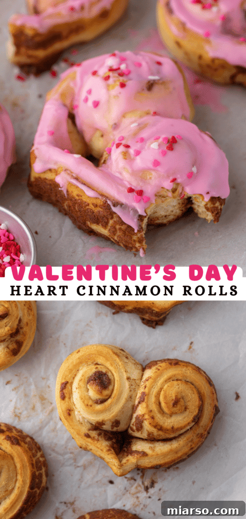 Valentines Sweetheart Cinnamon Buns Made Easy 19 Pinterest pin displaying a single, beautifully iced heart-shaped cinnamon roll, ideal for a romantic treat.