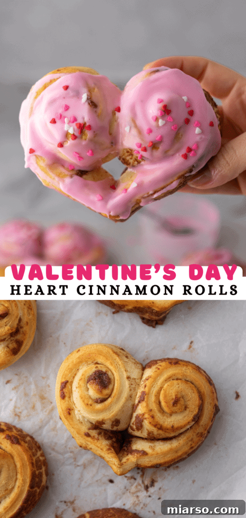 Valentines Sweetheart Cinnamon Buns Made Easy 20 Pinterest pin with a close-up of pink-iced heart cinnamon rolls, suggesting a quick and easy Valentine's Day recipe.